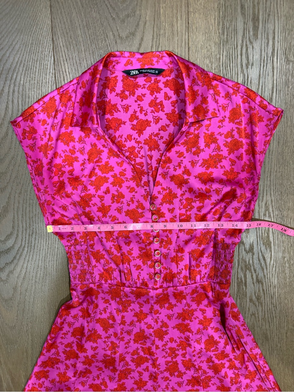 Zara Printed Satin Floral Mini Fit & Flare Dress Pink & Red - Picture 7 of 8